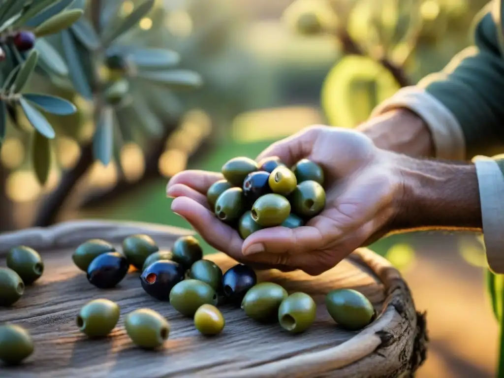 Un productor de aceite de oliva inspecciona olivas al amanecer en un olivar