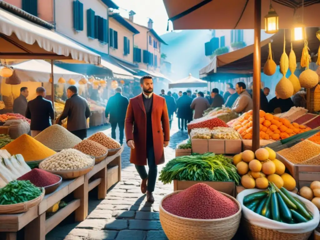 Productos étnicos en vibrante mercado gourmet italiano al atardecer