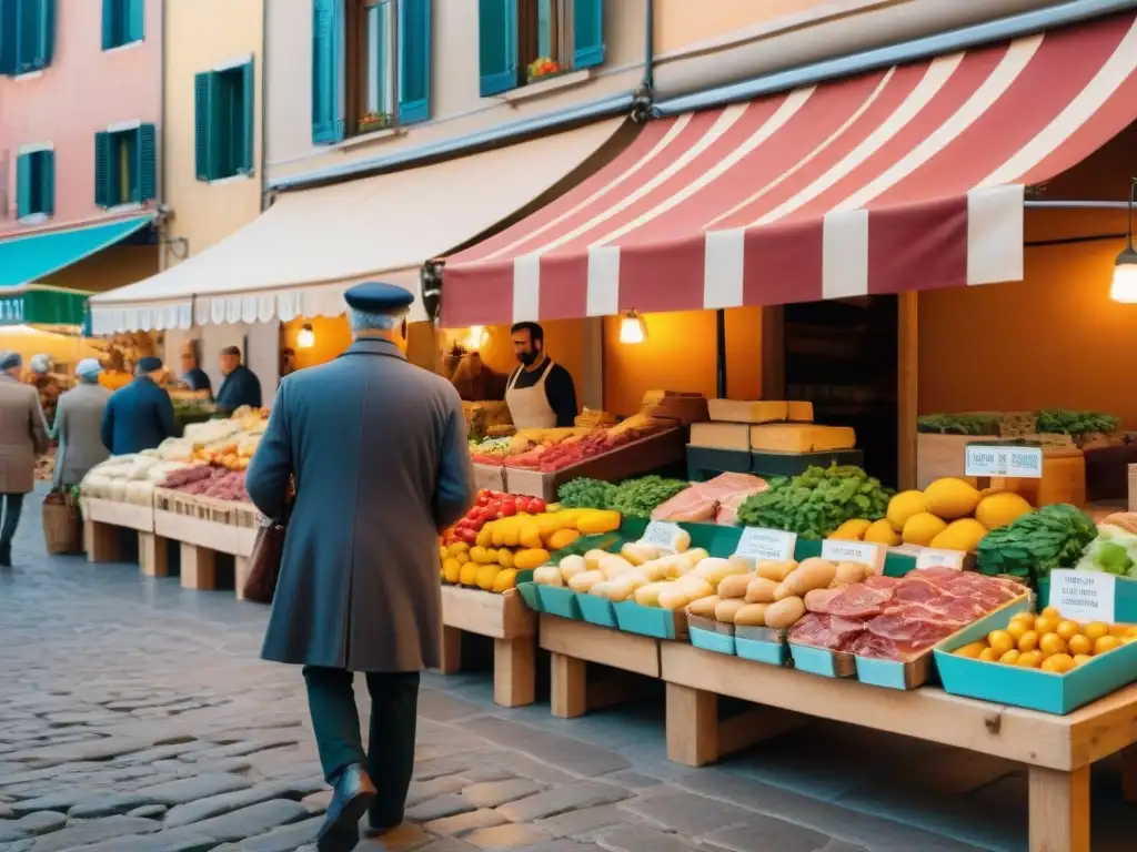 Productos DOP e IGP Italianos en un bullicioso mercado tradicional italiano con coloridos puestos de comida y clientes curiosos