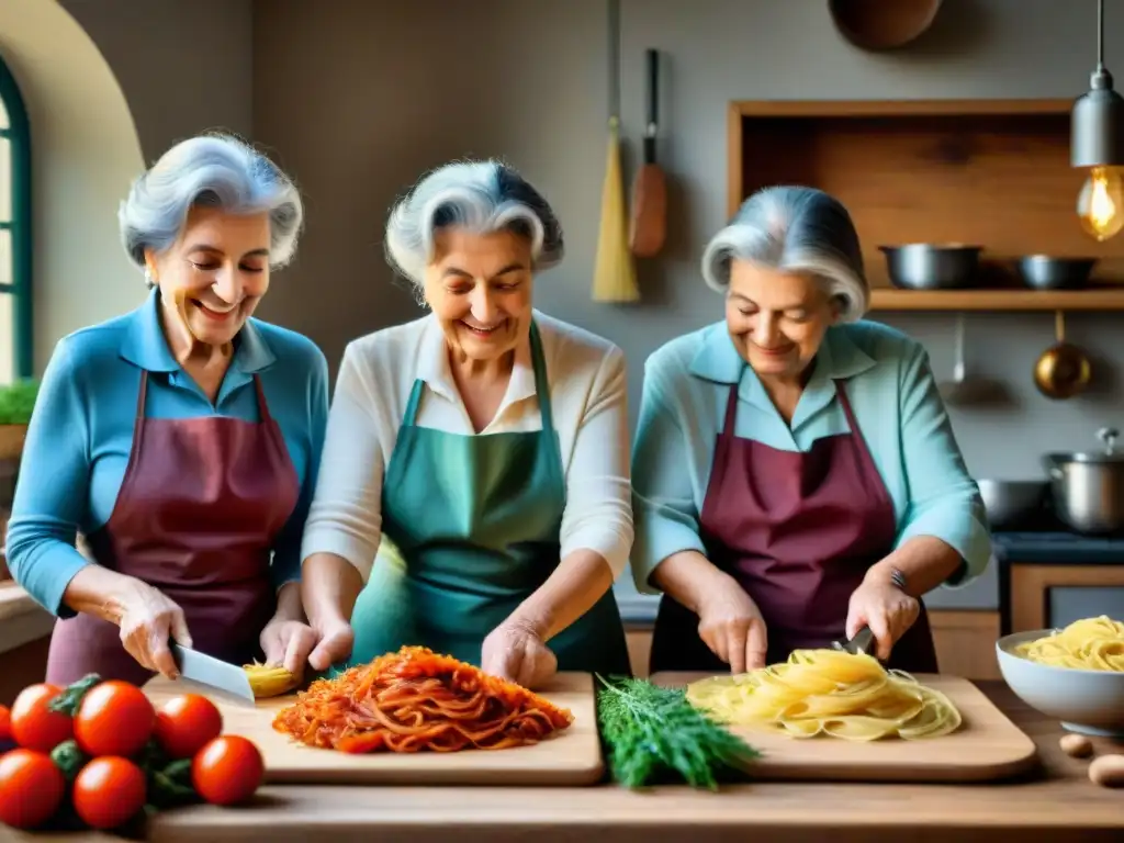 Proyecto comunitario de gastronomía italiana: Nonnas haciendo pasta tradicional en una cocina rústica