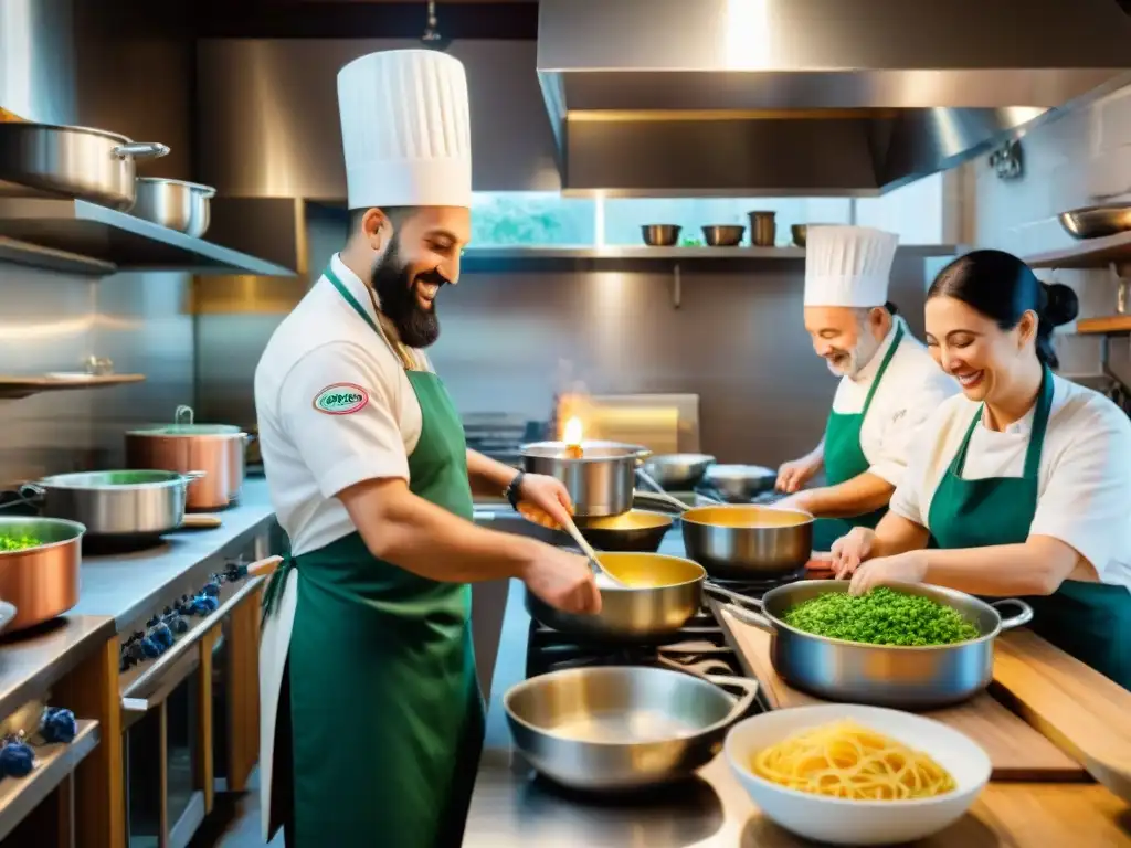 Proyectos comunitarios gastronomía italiana: Cocina bulliciosa en Italia, locales preparando platos tradicionales con alegría