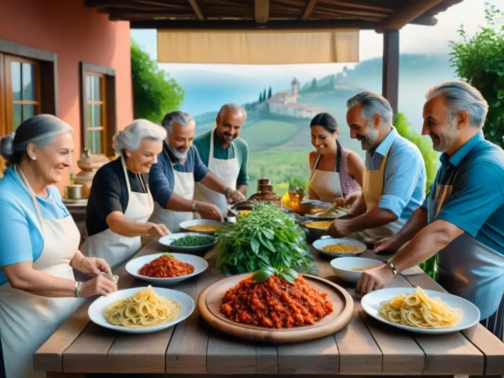 Proyectos comunitarios gastronomía italiana: Comunidad italiana preparando un festín tradicional al aire libre bajo el cálido sol toscano