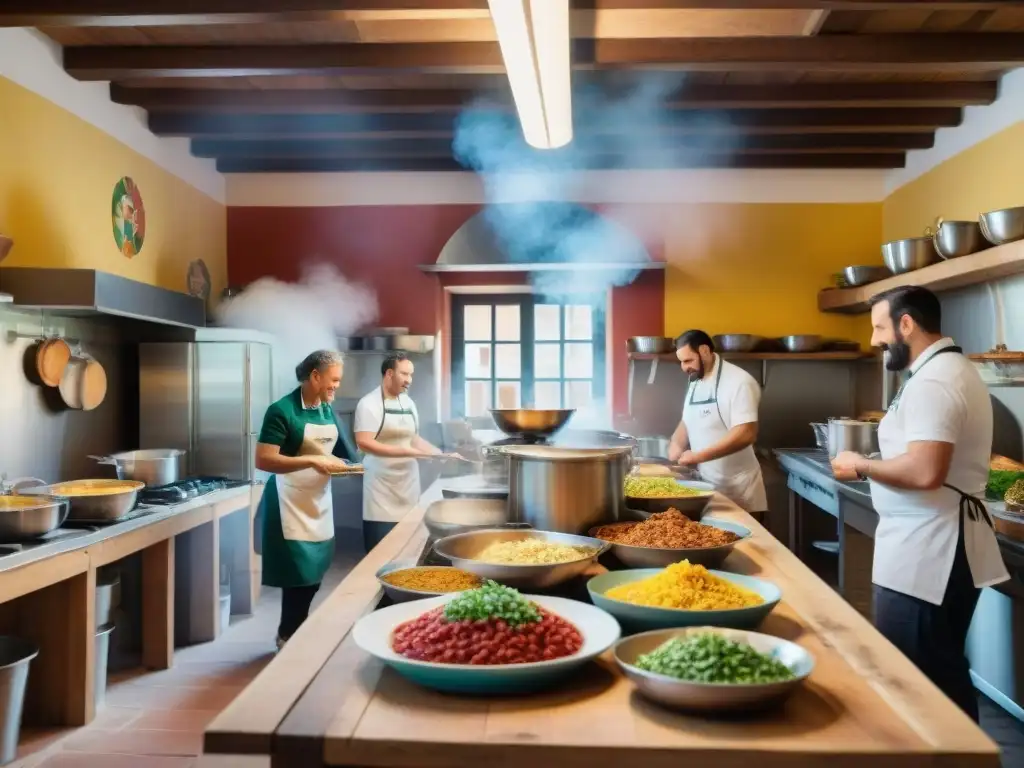 Proyectos comunitarios gastronomía italiana: Voluntarios cocinan juntos en animada cocina de Italia, decorada con murales tradicionales