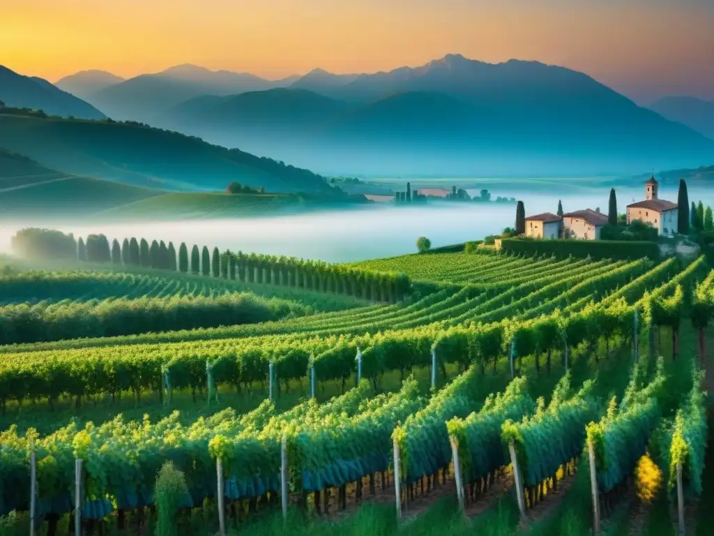 Puesta de sol sobre viñedos del Veneto, con el río Piave y los colores vibrantes del cielo reflejados en el agua