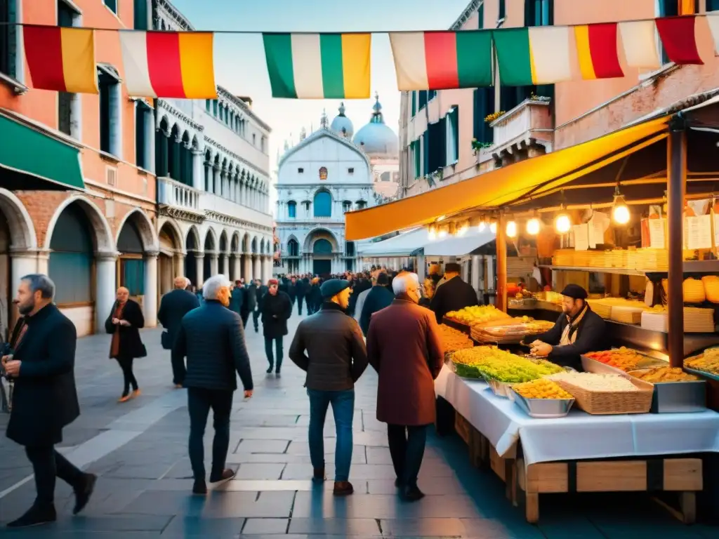 Un puesto de comida callejera en Venecia con un letrero 'Disfruta del baccalà fritto' y banderas italianas, creando una atmósfera acogedora