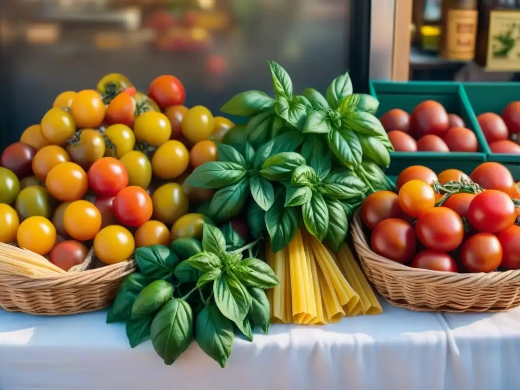 Un puesto de mercado italiano con tomates, albahaca, pasta y aceite de oliva, bañados en luz mediterránea