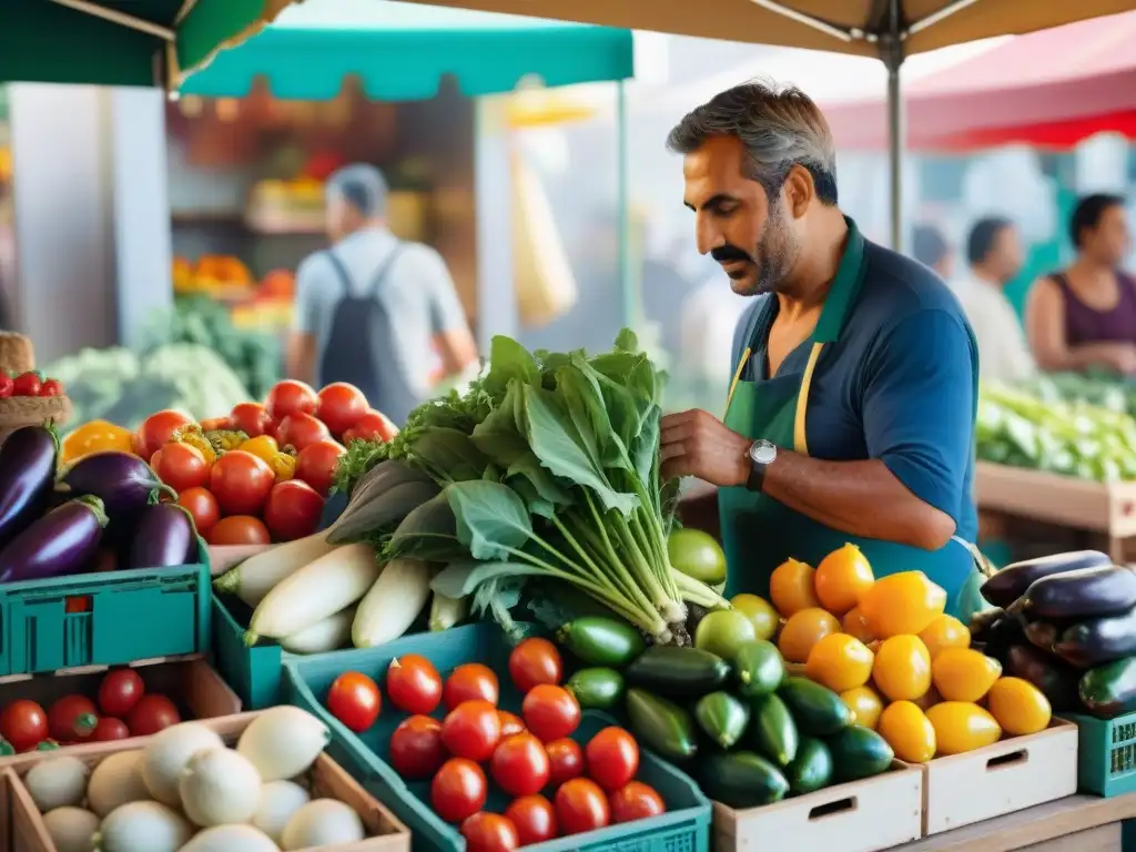 Un puesto de mercado vibrante en el Mediterráneo con frutas y verduras frescas, resaltando la dieta mediterránea y la salud ocular