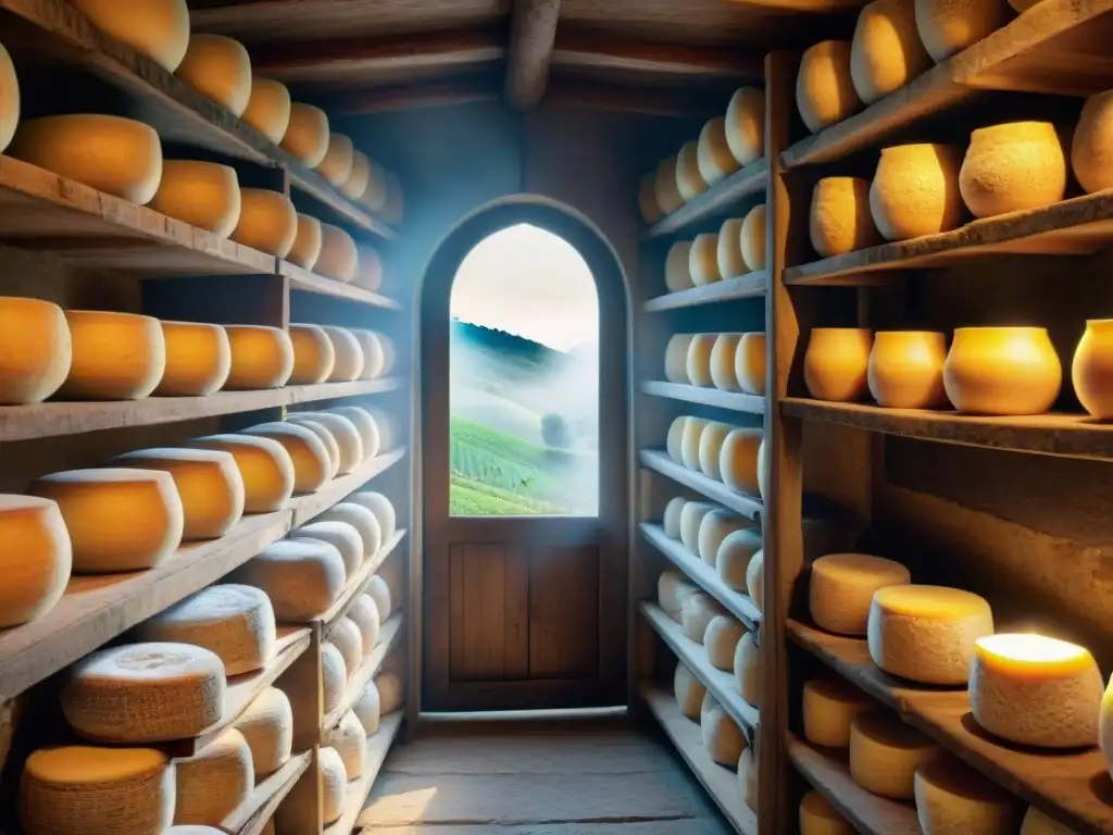 Una quesería italiana tradicional: ruedas de Parmigiano Reggiano envejeciendo en antiguas estanterías de madera, iluminadas por velas y rayos dorados