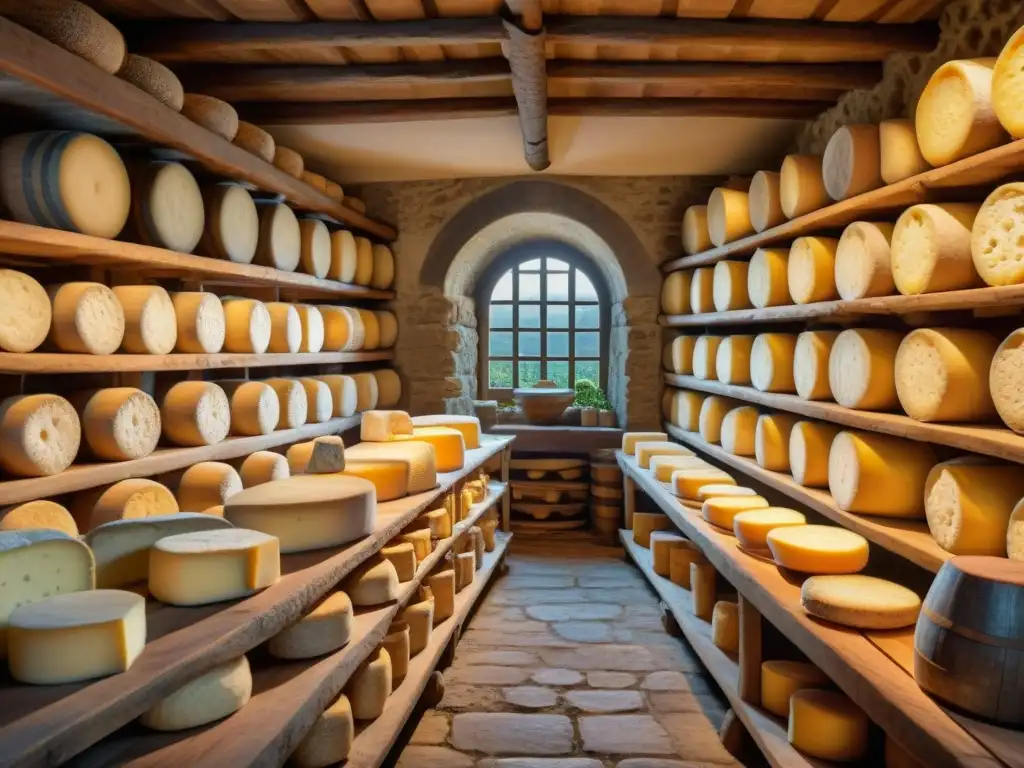 Queserías más antiguas Lombardía: ambiente rústico con ruedas de queso envejecido, variedad de quesos y herramientas tradicionales