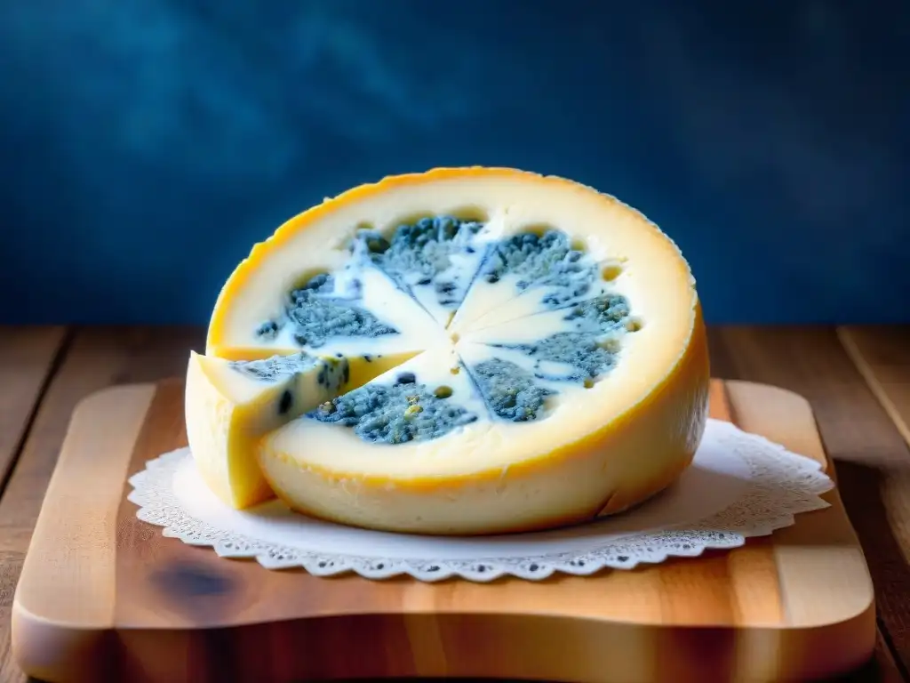 Exquisito queso Gorgonzola: detalle artesanal Queso Gorgonzola cremoso con vetas azules sobre tabla rústica