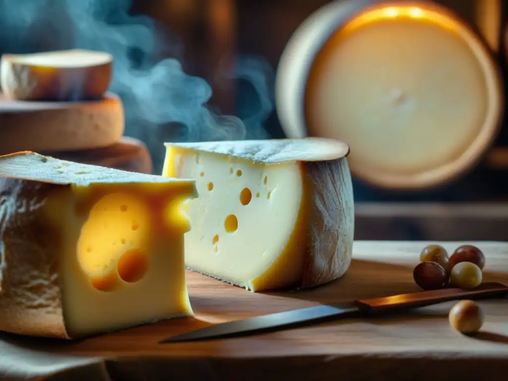 Queso Piave envejecido en bodega tradicional, muestra texturas y patrones detallados, con gotas de humedad brillando bajo luz tenue