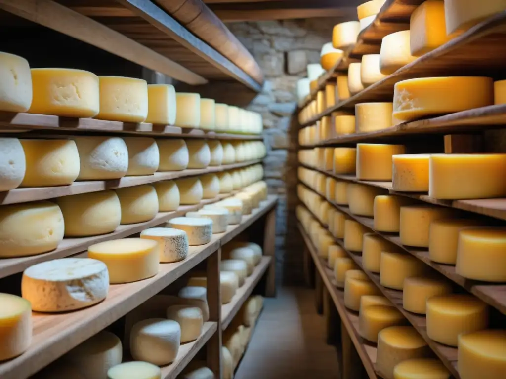 Queso Fontina: detalle de queso envejeciendo en bodega italiana, resaltando textura cremosa y ambiente rústico