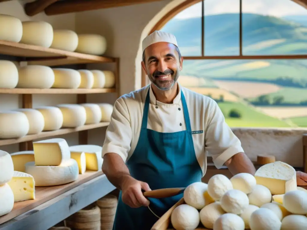 Elaboración queso italiano tradicional: Maestro quesero moldeando mozzarella fresca en un taller rústico con colinas y cielo azul de fondo