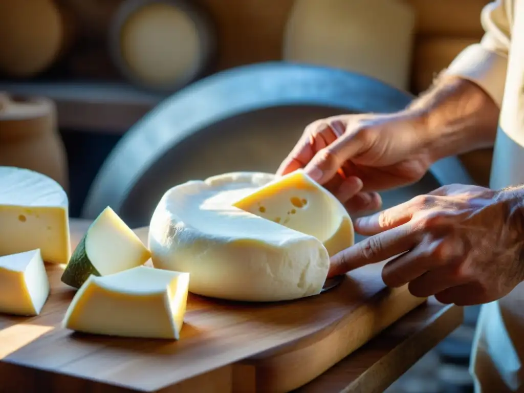 Elaboración queso italiano tradicional: manos expertas moldeando mozzarella fresca en cocina rústica