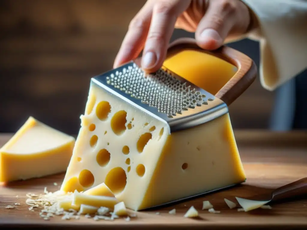 El queso Parmigiano Reggiano se desliza de un rallador de madera