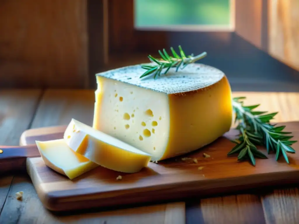 Queso Pecorino Romano en tabla rústica con hierbas frescas y rallador vintage