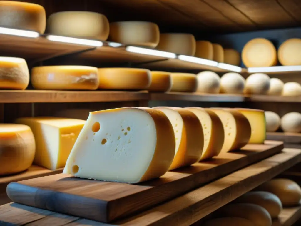 Un queso Taleggio envejeciendo en bodega tradicional de Lombardía, resaltando sus texturas y ambiente