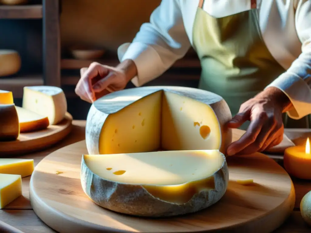 Un queso Provolone Valpadana dorado es rebanado con destreza, revelando su textura y marmoleado