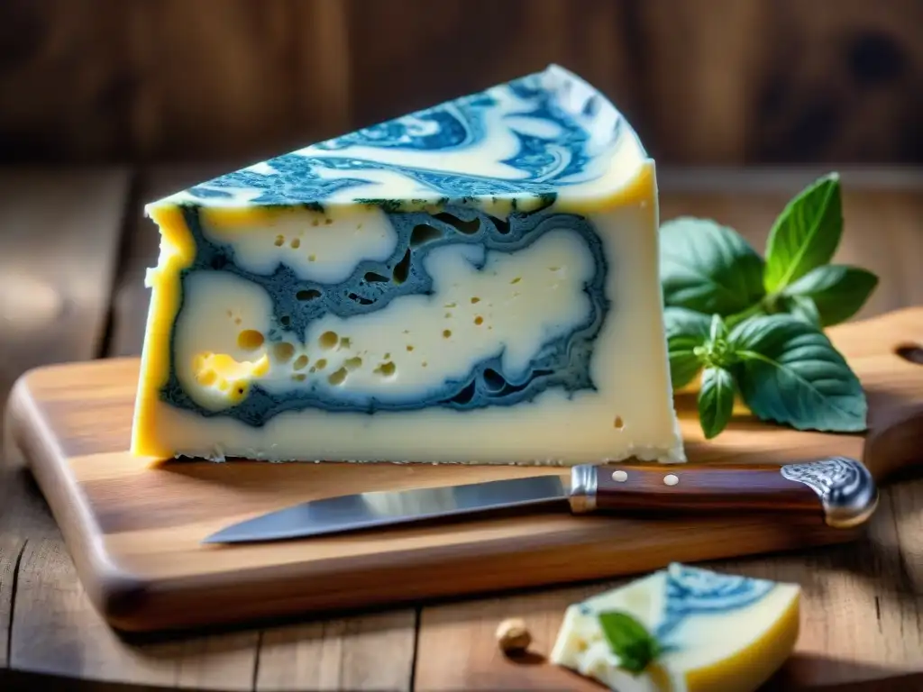 Delicado queso Gorgonzola: Maridaje artesanal y sofisticado Queso Gorgonzola con vetas azules sobre madera rústica, perfecto para recetas con queso Gorgonzola