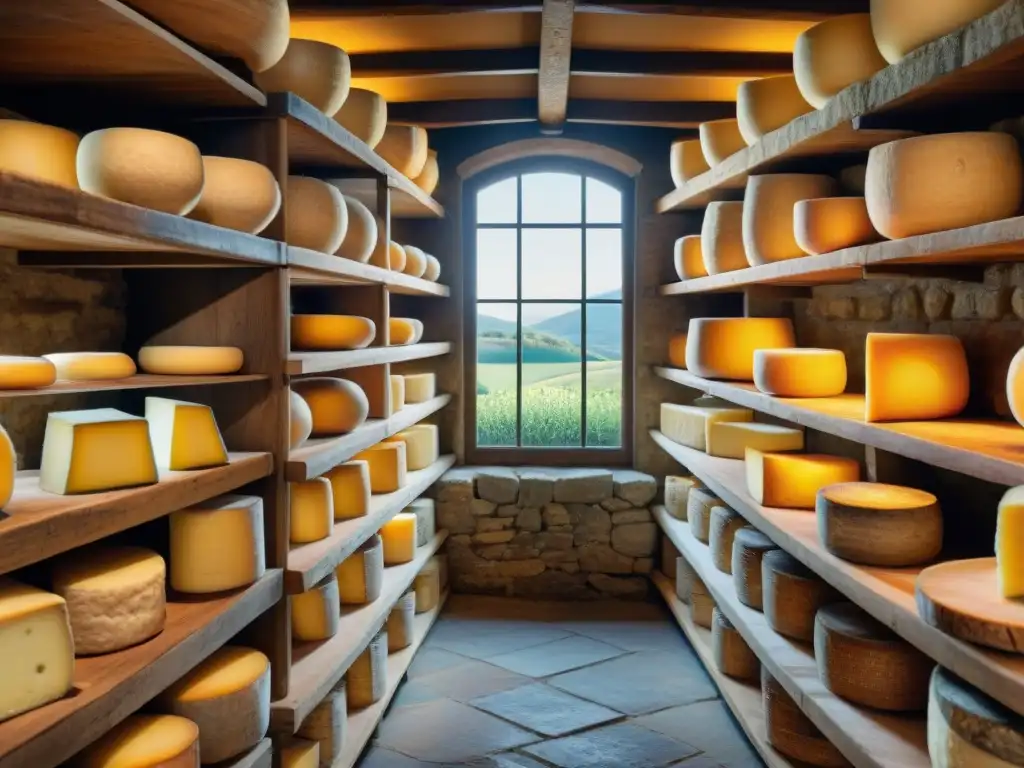 Quesos italianos menos conocidos en bodega rústica con Parmigiano Reggiano y Pecorino Romano envejeciendo en estantes de madera