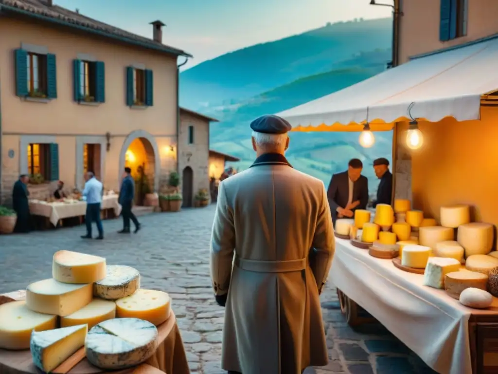 Quesos italianos en dieta mediterránea: Pintoresco pueblo italiano en colinas de Toscana con mercado animado al atardecer