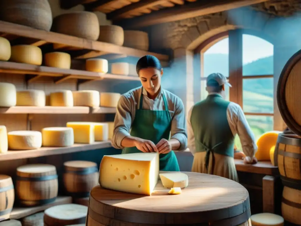 Quesos italianos DOP de calidad: Artesanos en plena producción en un idílico escenario campestre