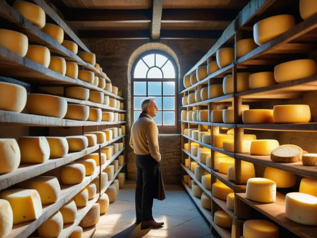 Quesos italianos raros paladares aventureros: Bodega de queso rústica con ruedas de Parmigiano Reggiano envejecido, iluminada por la luz solar