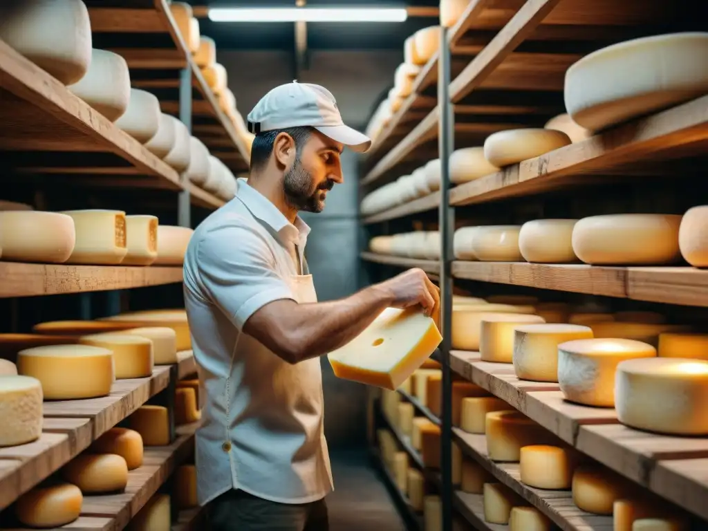 Quesos italianos con sello DOP: Artesanía y tradición en la creación de Parmigiano Reggiano en bodega de maduración