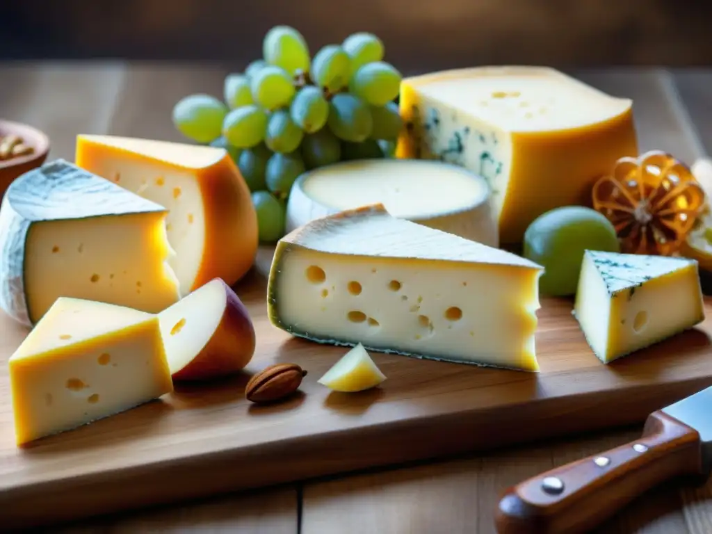 Degustación de quesos italianos tradicionales en mesa rústica con frutas frescas, nueces y miel