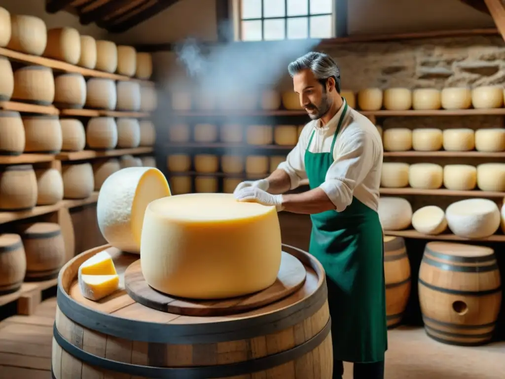 Quesos italianos tradicionales recomendados: Artesanos elaborando Parmigiano Reggiano en un entorno rústico y tradicional