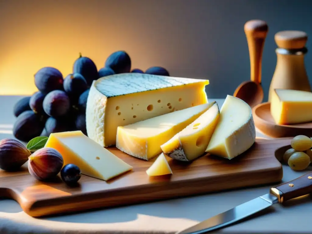 Degustación de quesos italianos tradicionales en una tabla de madera con detallada presentación y acompañamientos exquisitos