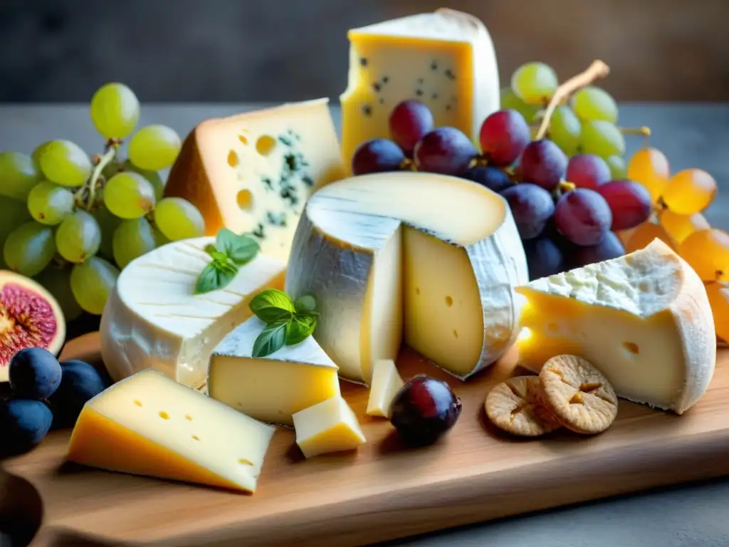 Degustación de quesos italianos tradicionales: Variedad de quesos italianos en tabla de madera rústica con uvas, higos y galletas artesanales