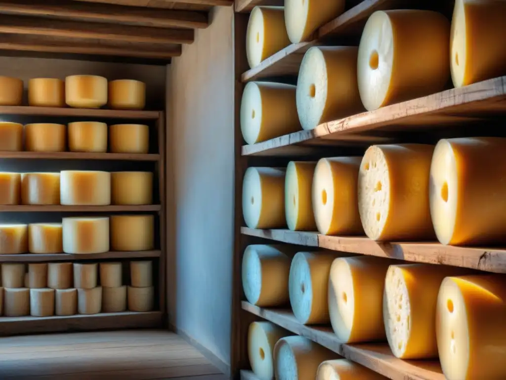 Quesos del norte de Italia: Ruedas de Parmigiano Reggiano en bodega tradicional iluminada por la luz del sol