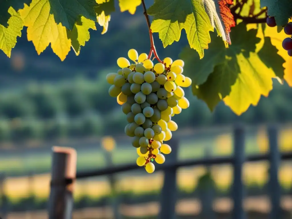 Un racimo de uvas Cortese iluminado por el sol del atardecer en un viñedo, ideal para maridajes con vino Cortese