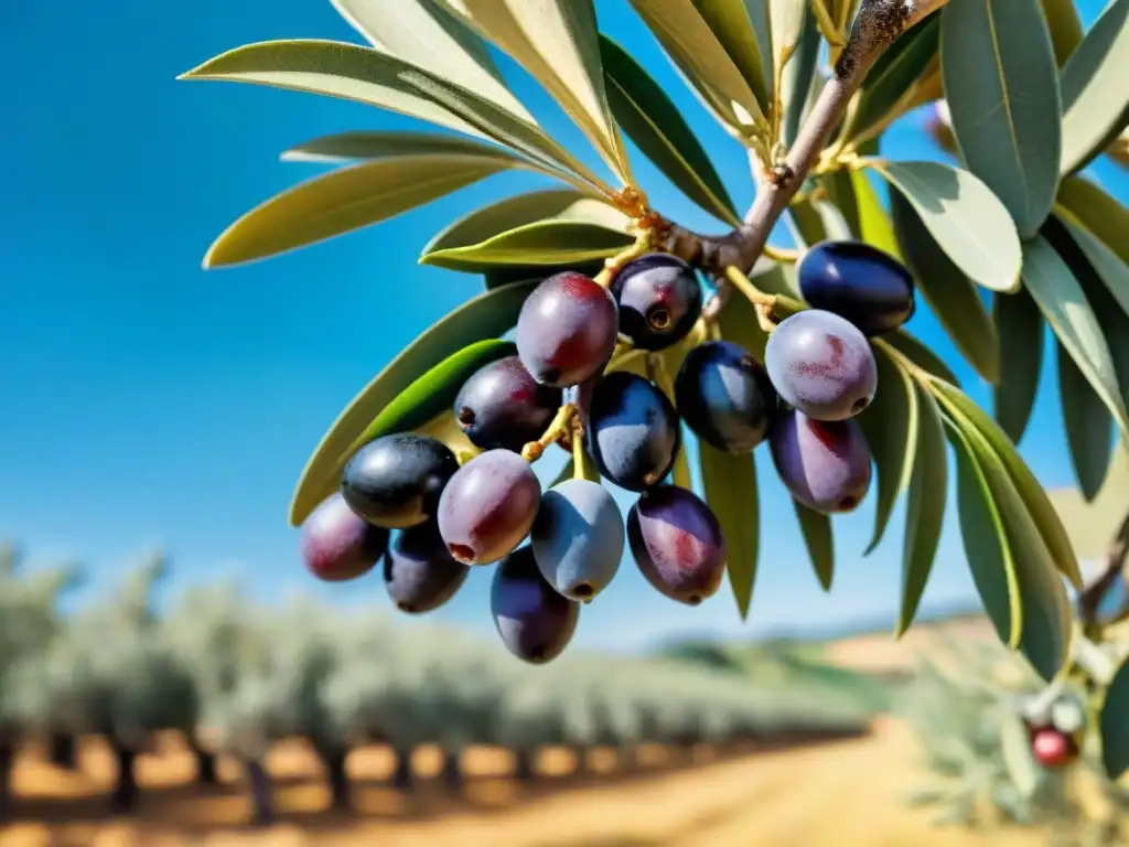 Racimos de aceitunas maduras en un olivo, resaltando sus colores y detalles, ideal para los beneficios salud aceites oliva premium