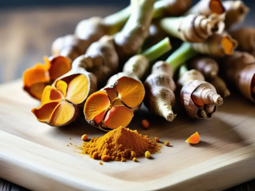 Raíces frescas de cúrcuma italiana en tabla rústica de madera, resaltando su color naranja intenso y texturas