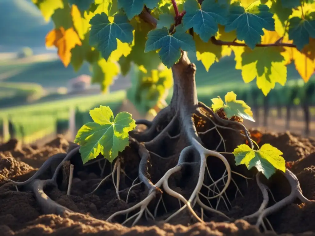 Raíces de vid en suelo italiano, influencia en maridajes de vino