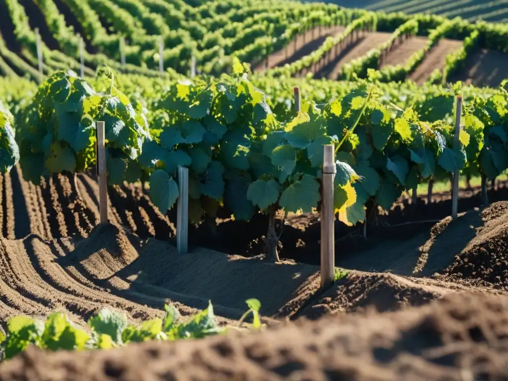 Raíces de viñedos en suelo italiano con mineral, reflejando la fusión tierra-viña en Toscana