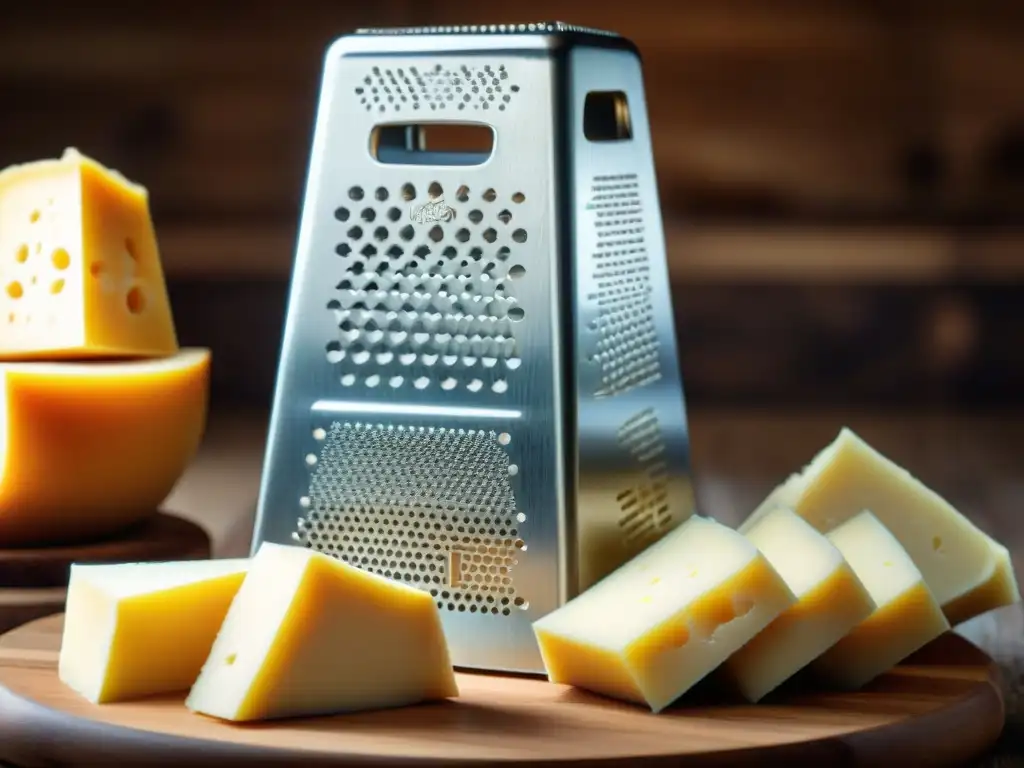 Un rallador de queso italiano personalizado grabando diseños en un bloque de Parmigiano Reggiano, fusionando tradición y diseño