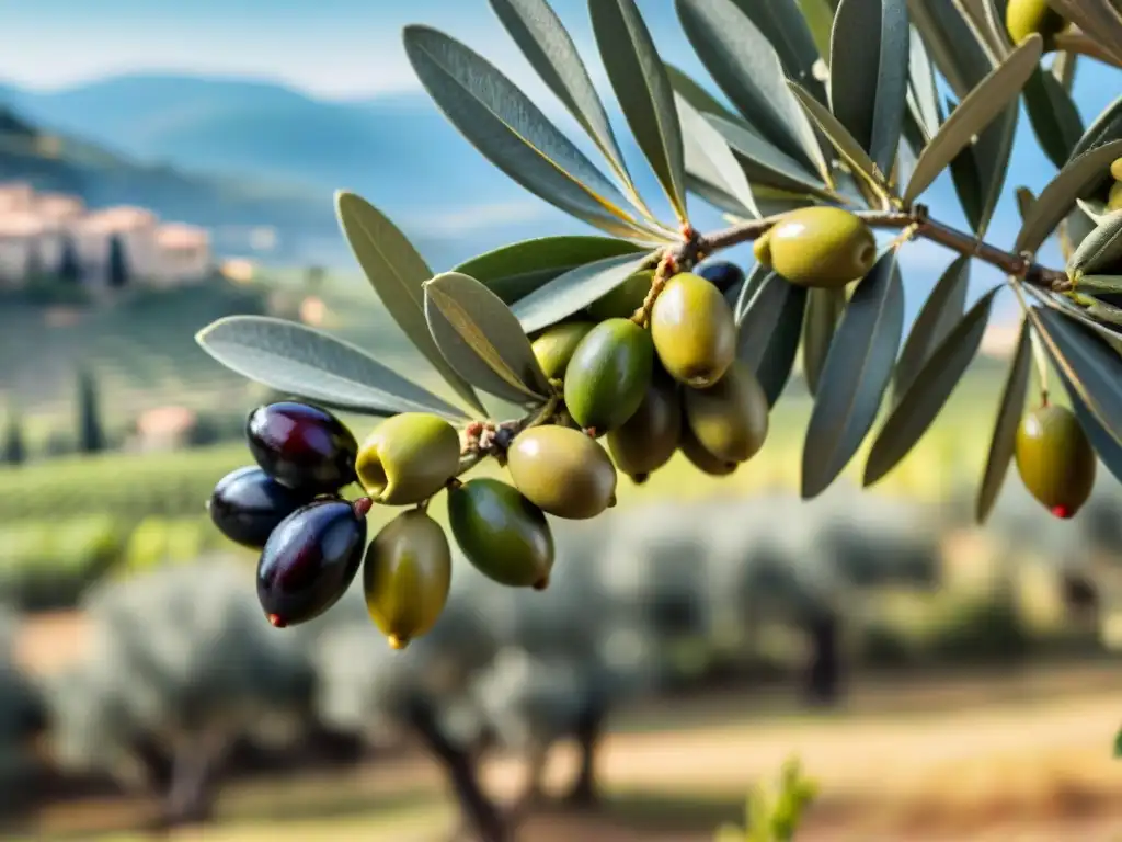 Rama de olivo cargada de aceitunas maduras en el campo italiano, reflejando la belleza del aceite de oliva en el centro de Italia