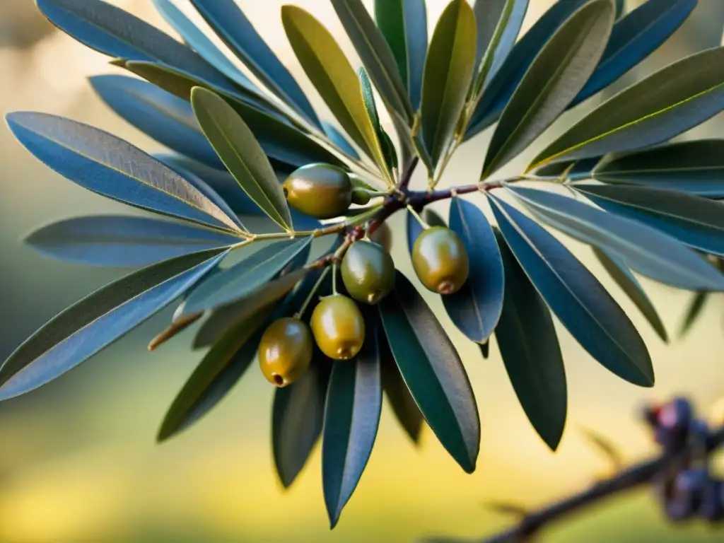 Ramas de olivo cargadas de aceitunas maduras en variedad de colores y tamaños, iluminadas por el sol