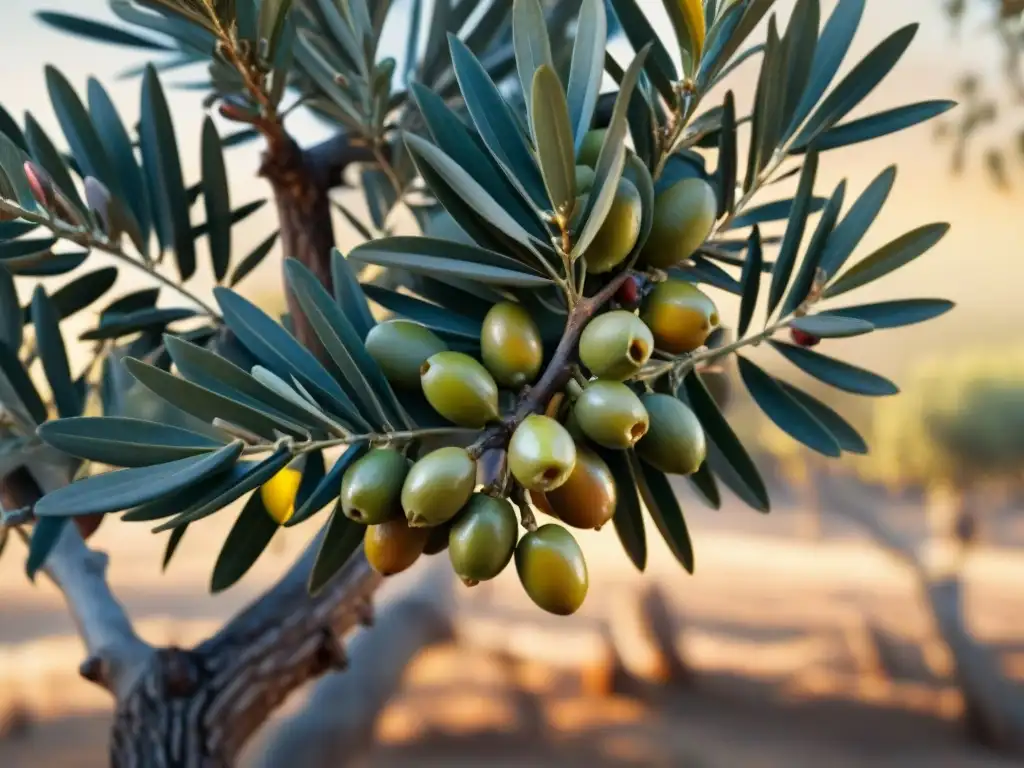 Ramas de olivo cargadas de aceitunas maduras brillantes, en un olivar italiano bajo el sol mediterráneo