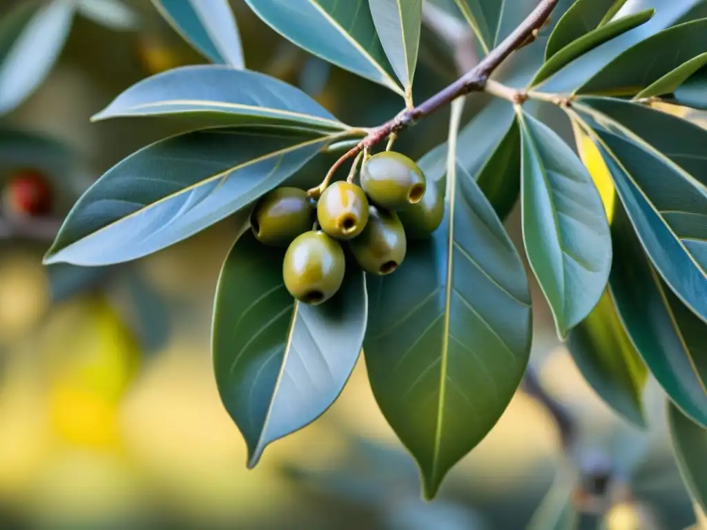 Ramas de olivo cargadas de aceitunas maduras bajo el sol, reflejando la belleza de la cosecha de aceite de oliva premium