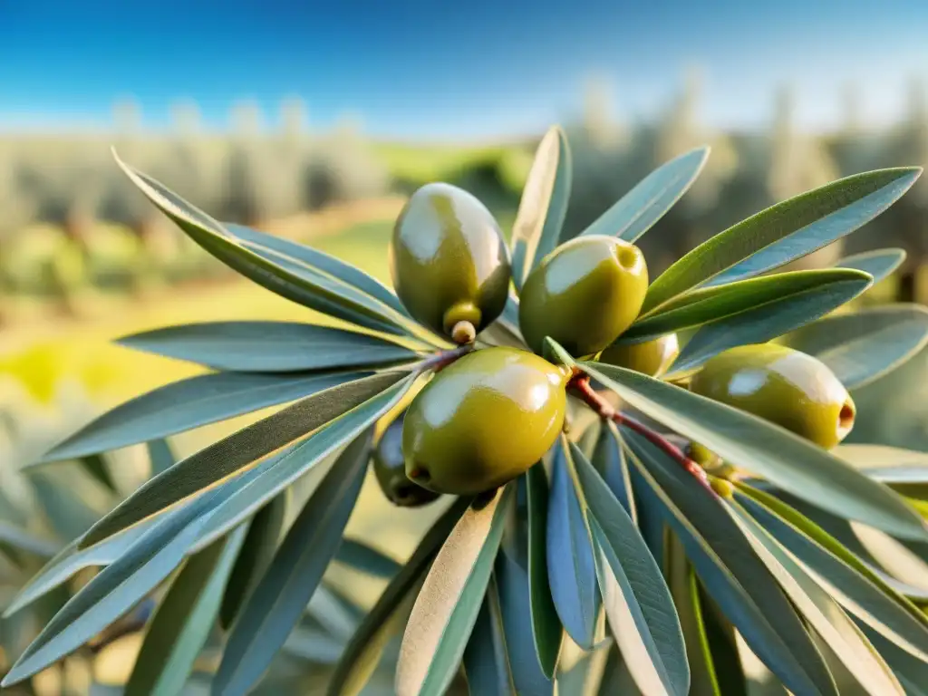 Olivar mediterráneo: detalle de ramas y olivas frescas Ramas de olivo recién cosechadas con aceitunas maduras y brillantes, en un olivar mediterráneo