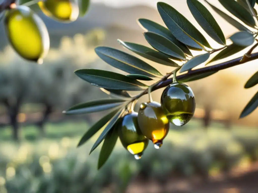 Ramas de olivo al amanecer: frescura y autenticidad en cada gota Ramas de olivo recién cosechadas con rocío, en un olivar al amanecer