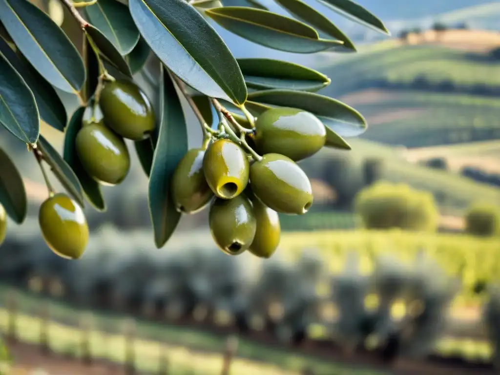 Un ramo de olivo bañado por el sol de Italia con aceitunas verdes brillantes y prometedoras