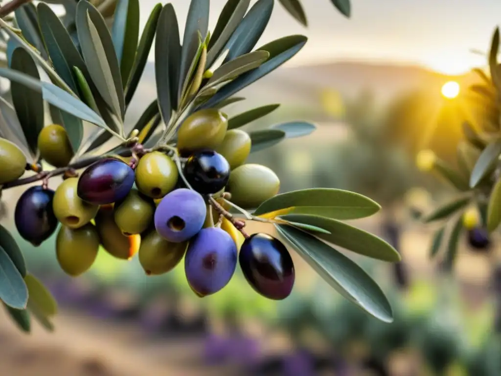 Un ramo de olivo cargado de aceitunas maduras en un olivar italiano al atardecer