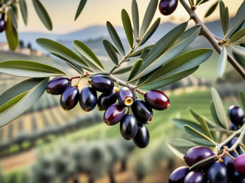 Un ramo de olivo cargado de aceitunas maduras, con variados tonos de verde y morado, en un paisaje italiano