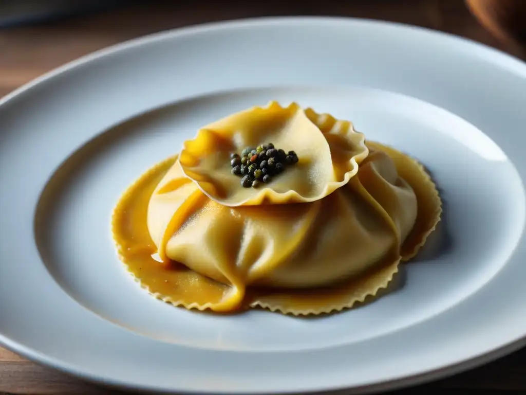 Un ravioli artesanal relleno de puré de calabaza dorada, con delicados pliegues y crimpado perfecto