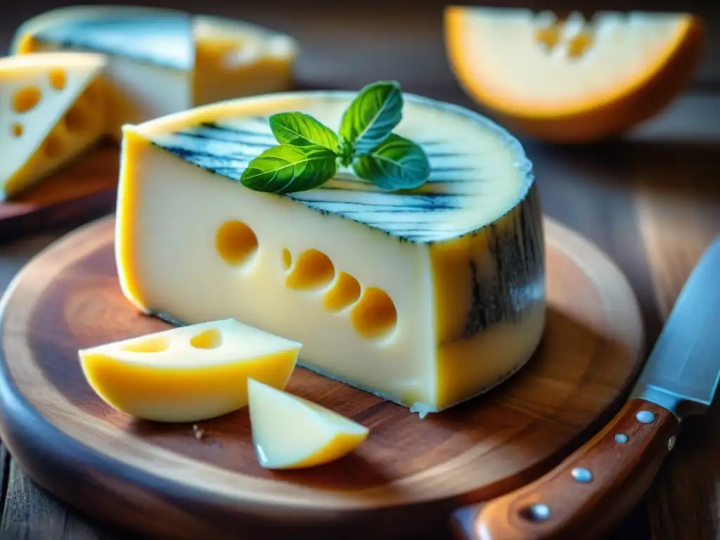 Una rebanada de queso Stracchino italiano en tabla de madera, con textura cremosa y marmoleado sutil, iluminado por luz natural